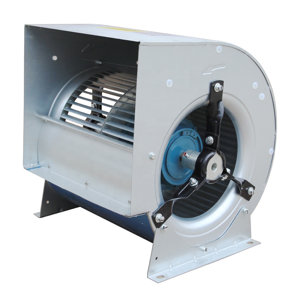 Double-inlet high-efficiency centrifugal fans with external direct-drive motors and impellers with forward-curved blades