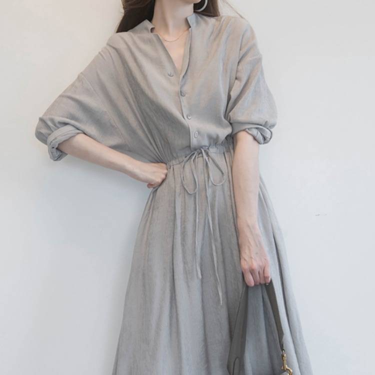 Wholesale DR88020 Women's summer three-quarter sleeve linen button casual  knee-length dress with belt Manufacture and Factory | Lisen