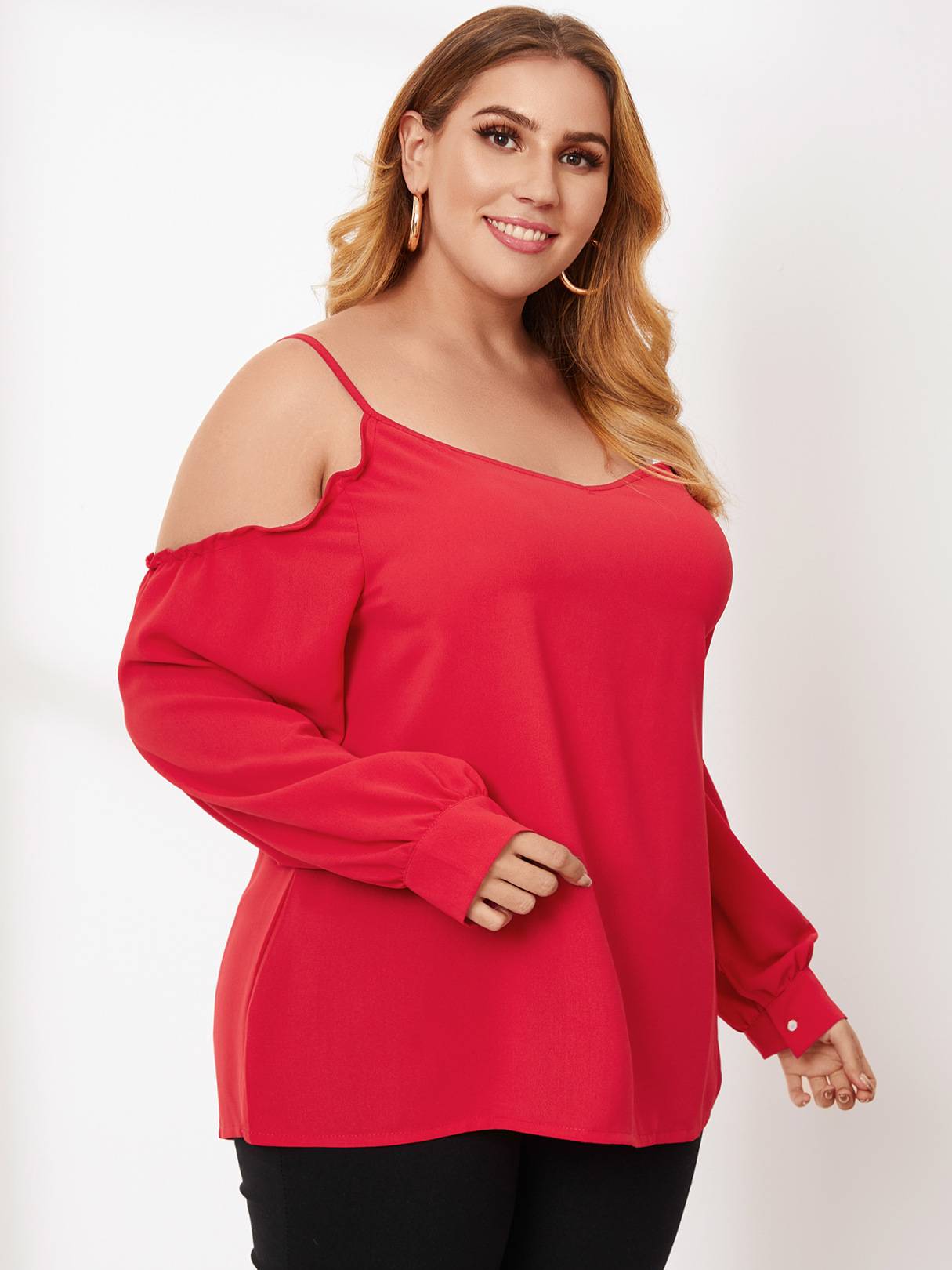 Wholesale BL80044 Good quality sexy red blouse cold shoulder plus size ...