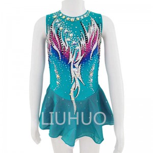LIUHUO women’s ice figure skating dress stretch net diamond sleeveless blue
