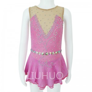 LIUHUO Girl’s Dance Dress Gradient Pink Gems Competition Performance Wear Ice Skating Dress