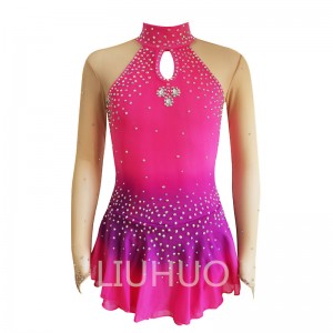 Factory Price Girl’s Dance Dress Gradient Pink Gems Competition Performance Wear Ice Skating Dress