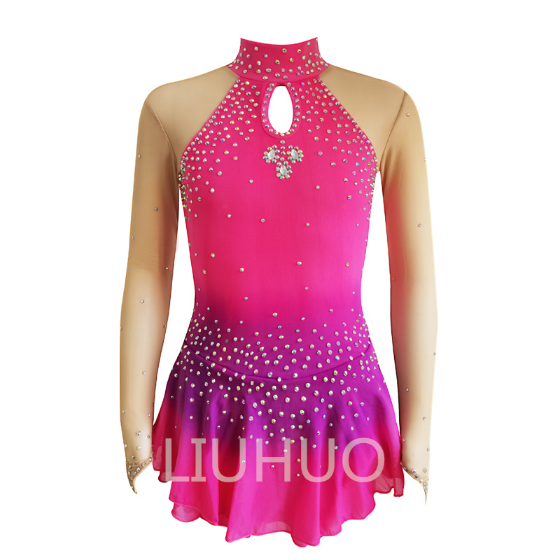 Factory Price Girl’s Dance Dress Gradient Pink Gems Competition Performance Wear Ice Skating Dress