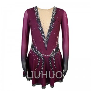 LIUHUO Red Ice Figure Skating Dress for Girls Women Red Long-Sleeved Dresses with rhinestones