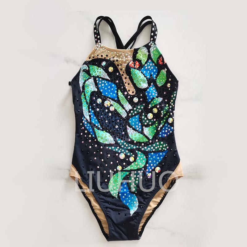 LIUHUO Handmade Synchronized Swimming Suits Kids Girls Training Competitiv Leotards with turquoise diamond