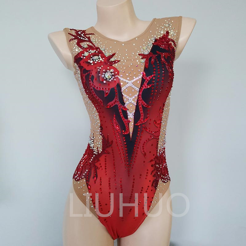 LIUHUO Girls Synchronized Swimming Suits Women Elegant Performance Competitive Ballet Dance Red Leotards