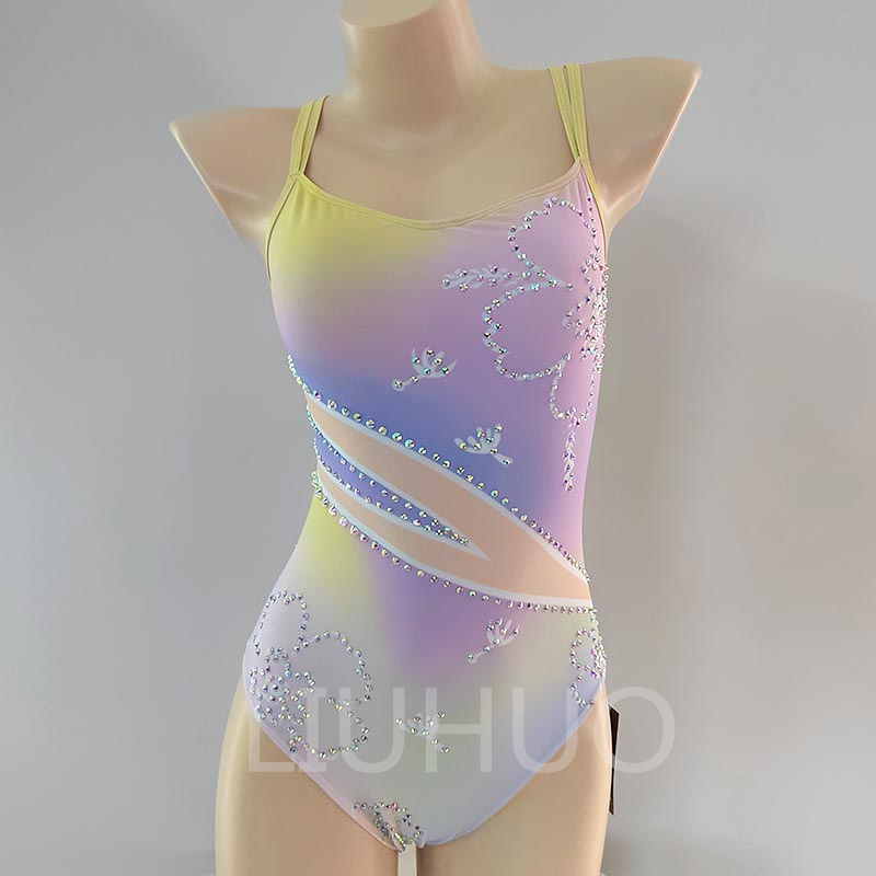 LIUHUO Synchronized Swimming Suits Kids Girls Training Competitive Leotards with Hair Piece Pink and Purple Customize