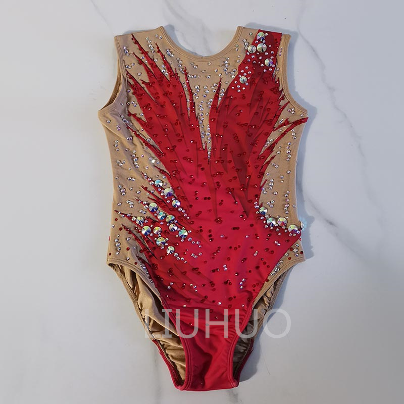 LIUHUO Girls Synchronized Swimming Leotards Women Performance Competitive Dance Swimwear Red Color