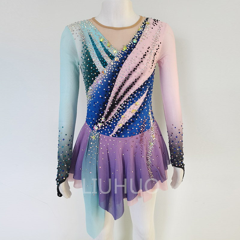 LIUHUO Ice Skating Dress Women’s Girl Figure Skating Dress Pink and Blue Color Teens