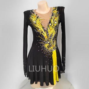 LIUHUO Figure Skating Dress Black and Yellow Color Mesh Stitching Three Colors Girls Competition Performance