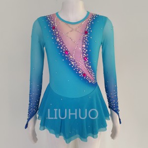 Ice Figure Skating Costumes Children Blue Gradient Girls Ice Skating Dress for Competition