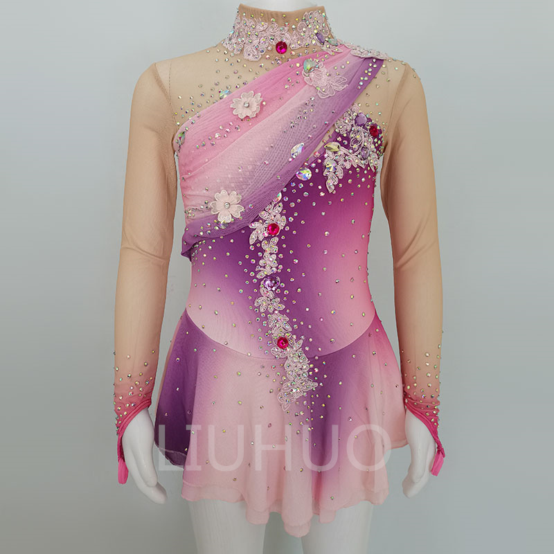 Ice Skating Dress Pink Color with Flowers Halo Dyeing Spandex Handmade Crystals Long Sleeve Ice Skating Figure