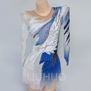 Custom figure skating clothes blue mesh fabric high quality cheerleading operation clothes for  children and girls performance clothes