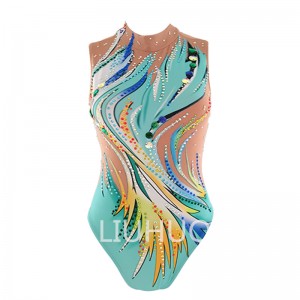 Patterned swimsuit blue patchwork sleeveless high neck full diamond competition show girl