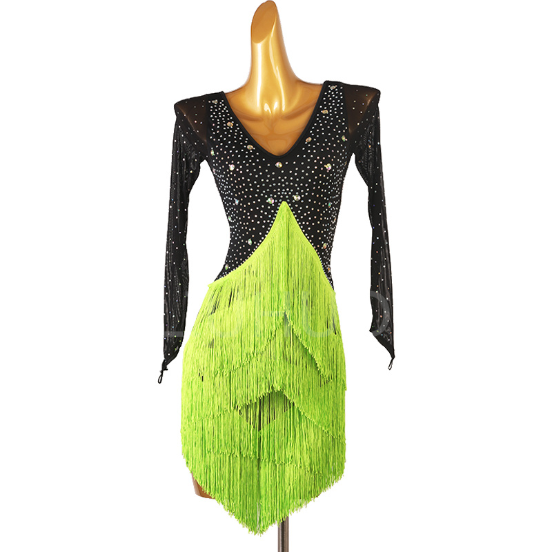 Manufacturer custom sleeveless Lady’s Latin Tango Rumba Cha Cha Belly Dance Sequin Party Fishtail Fringe Dress with Underwear Tassel