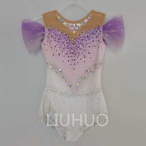 Rhythmic Gymnastics Leotards Girls Purple Print Luxury Flash Diamond Crew Neck Sleeveless Competition Costume LIUHUO