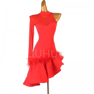 Ladies’Latin Tango Salsa ChaCha Ballroom Dance Swing Rumba Dress Red Latin dress feather manufacturers custom