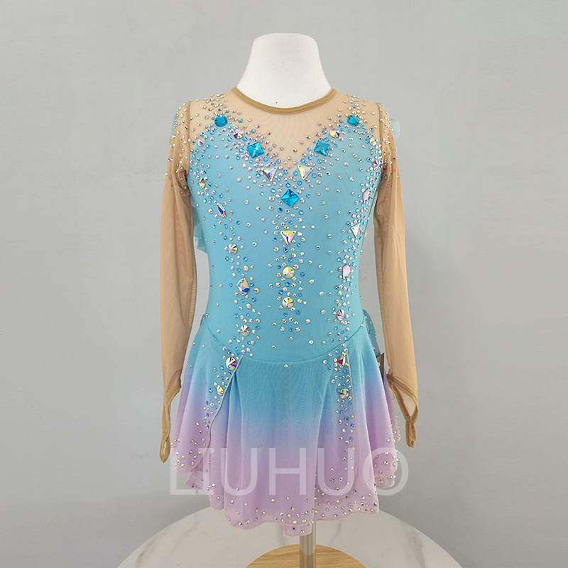 LIUHUO Ice Skating Dress for Competition Grey Light Blue Crystals