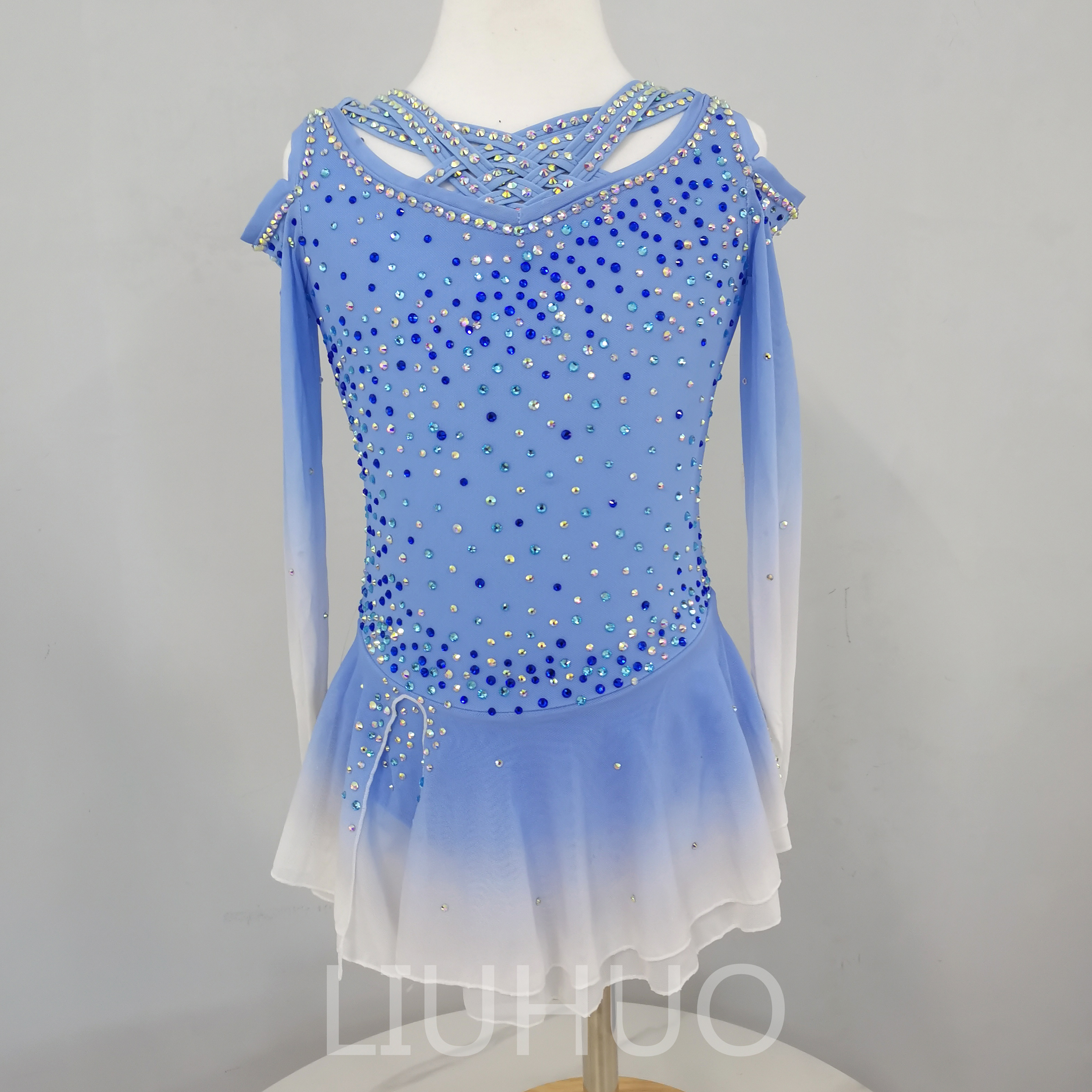 LIUHUO Ice Figure Skating Costumes Children Blue Girls Ice Skating Dress for Competition  Crystals  Long Sleeve