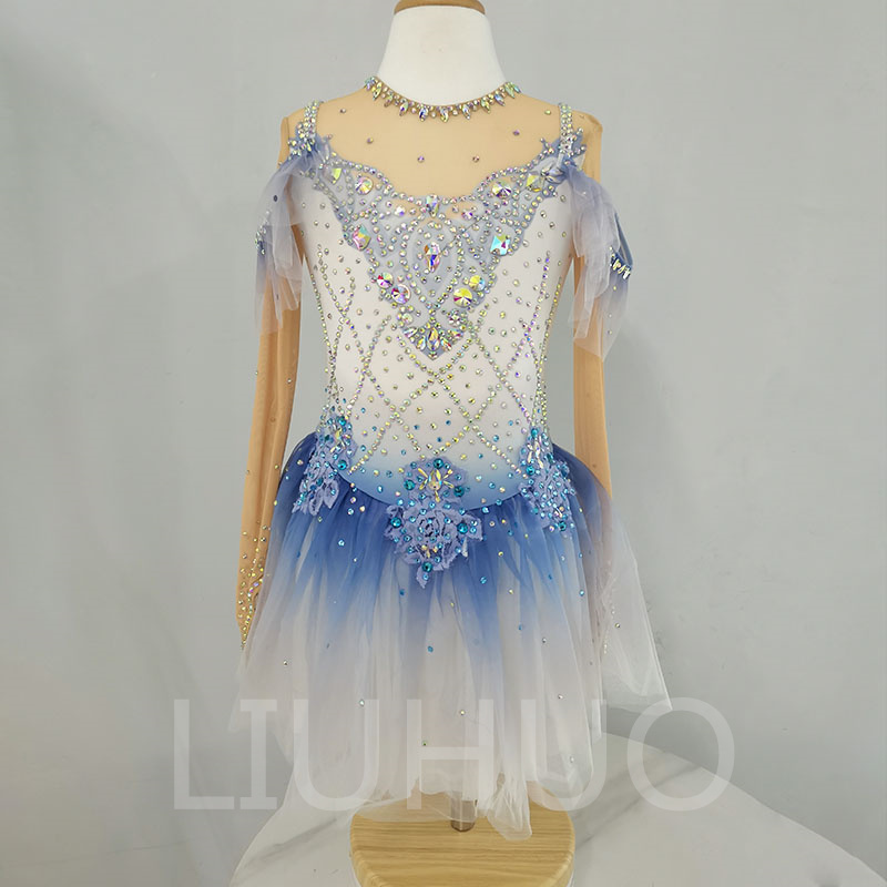 LIUHUO Ice Figure Skating Costumes Children Blue Gradient Girls Ice Skating Dress for Competition  Crystals  Long Sleeve
