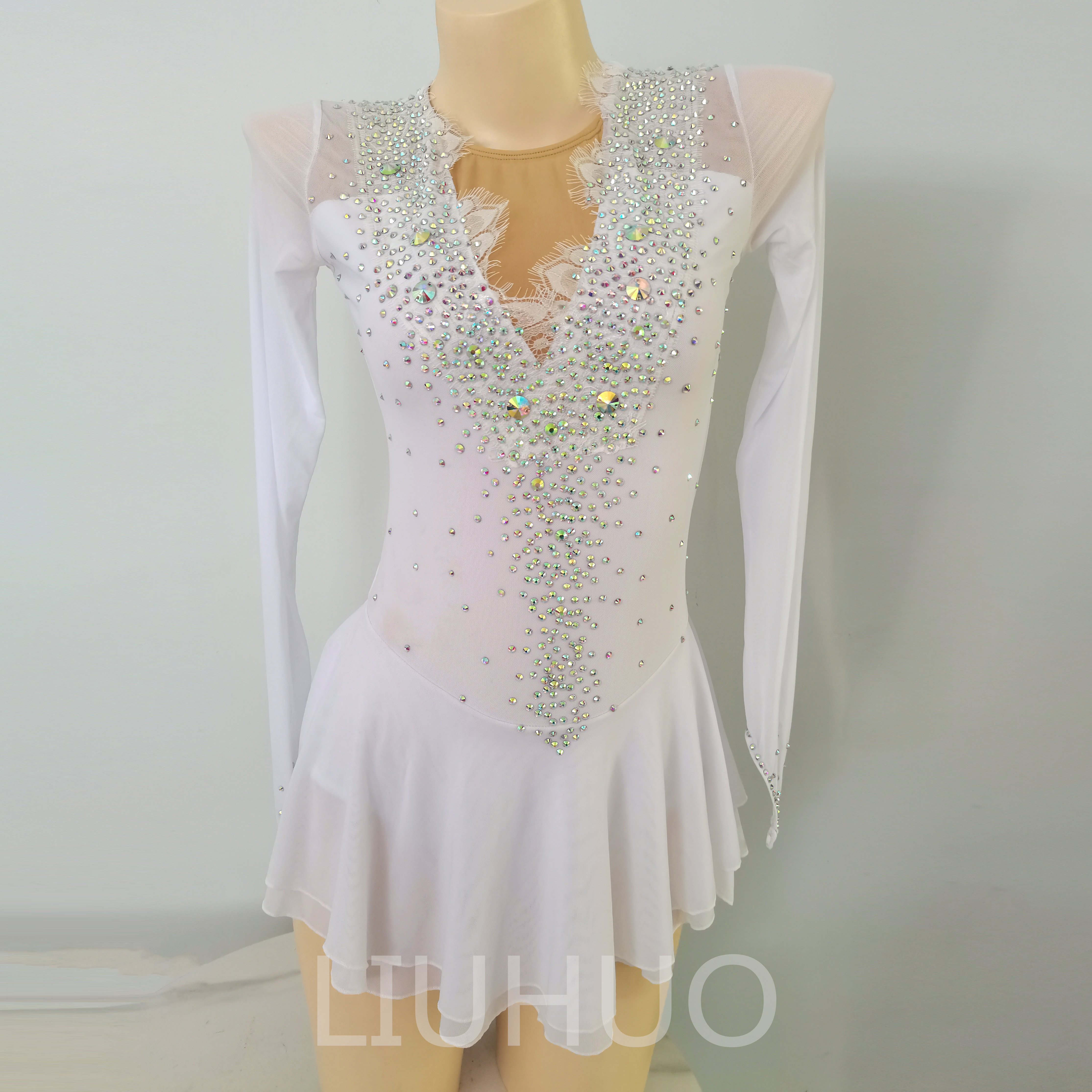 LIUHUO Ice Skating Dress for Competition Gradient Girls Crystals White