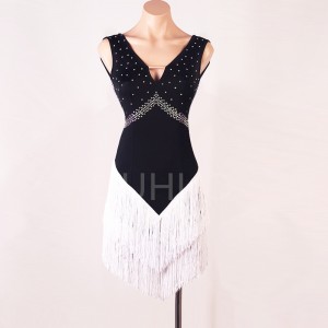 Women’s bevelled white fringe sexy Latin dance gown White black patchwork dress Ballroom dress