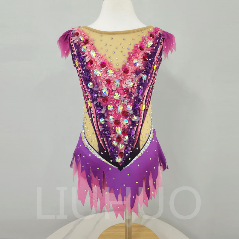 LIUHUO Rhythmic Gymnastics Leotards Artistics Professional Customize Colors Girls Competition Stage Stretchy  Purple-Pink