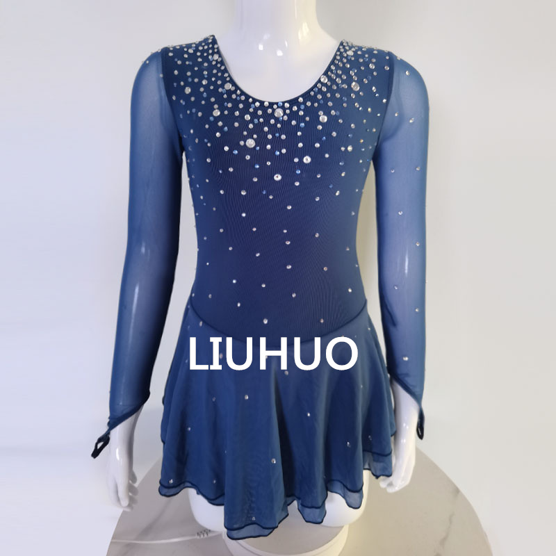 LIUHUO  Ice Skating Dress Navy Blue Color Spandex Handmade Crystals Long Sleeve Ice Skating Figure