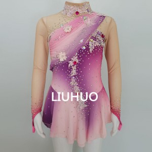 LIUHUO Ice Figure Skating Costumes Pink Gradient  Flowes Girls Ice Skating Dress for Competition