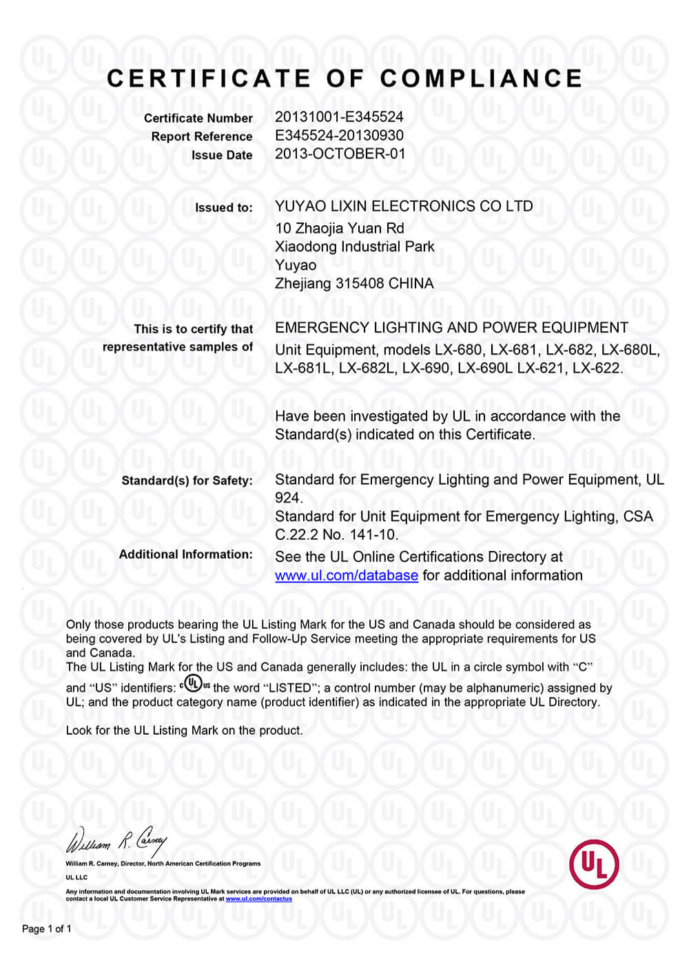 Conventional double-head emergency light UL certificate