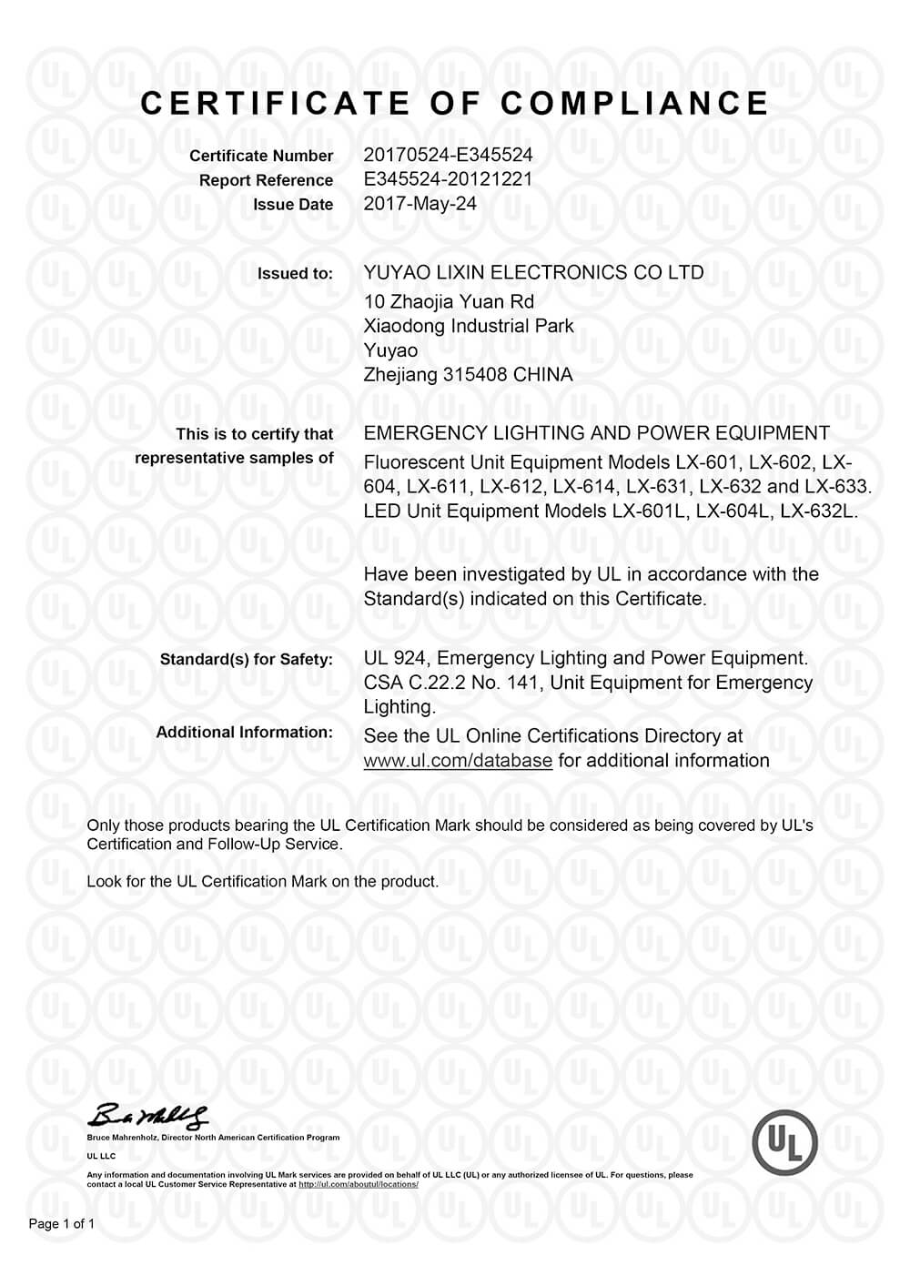 Conventional emergency light UL certificate