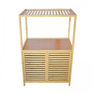 Mueble de almacenamiento de bambú con estante.