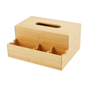 Soporte para caja de pañuelos con almacenamiento, organizador de escritorio de maquillaje multifunción de bambú