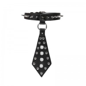 Loverfetish Leather bondage apykaklės vadelis su juodu kaklaraiščiu LF050
