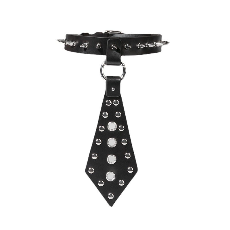 Loverfetish Leather bondage collar lead with black tie LF050
