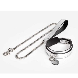 BDSM Chocking Collar-Silver Leather Collar nga adunay Chain Leash