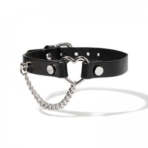 BDSM Slave Fetish Real Leather Collar with Metal Heart Chain