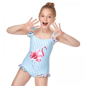 Girls Swimsuit Flamingo Printed One Piece Girls Bathing Suit High Quality Kids Beach Wear Classical Stripe With Ruffle