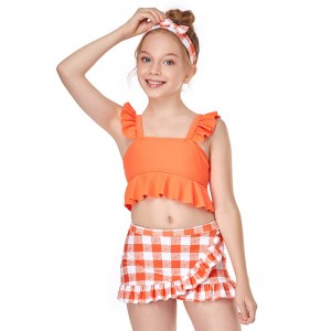 Girls Swimsuit Swimsuit Ruffle Style Two Piece Children’s Swimwear Checked Printed Swimsuit For Girl Bathing Suit 164