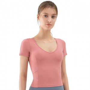 Yoga Shirts Women Crop Top For Fitness Nylon V Neck Solid Slim Stretch Gym Jogging Yoga Workout Short Sleeve Sport T-Shirt