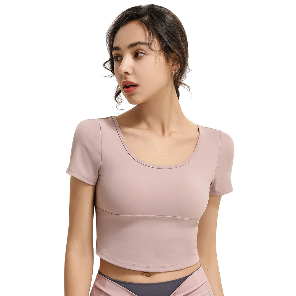 Sports Wear For Women Gym Fitness Clothing Nylon Solid Cross Back Padded Yoga Crop Top Workout Clothes Short Sleeve Sport Shirts