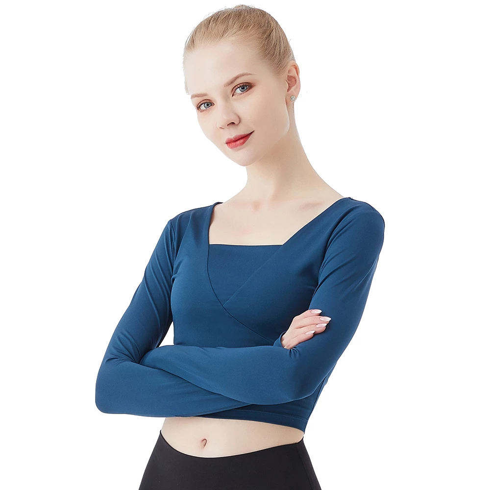 Fitness Clothing Women Gym Clothes Yoga Shirts Built-In Removable Pad Nylon Solid Slim Running Gym Long Sleeve Workout Crop Top