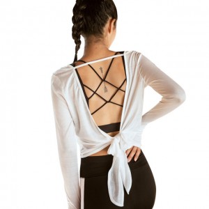 Sport Woman Blouses Top For Fitness Polyester Solid Backless Bandage Long Sleeve Workout Running Gym Pilates Yoga Shirts