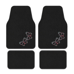 Girly Mats Universal Fit Butterfly Carpet Floor Mats Set of 4 (Black and Pink)