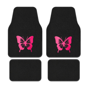 PINK Butterfly Design Carpet Car Floor Mats for Auto Van Truck SUV-4 Pieces Front & Rear Full Set with Rubber Backing-Universal Fit