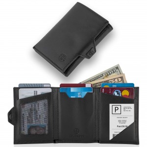 คลิปหนีบบัตรผู้ชายกระเป๋าสตางค์ RFID แบบกำหนดเองหนังสีดำ