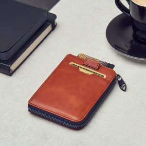 I-Wholesale Leather Zipper Brown Wallet RFID
