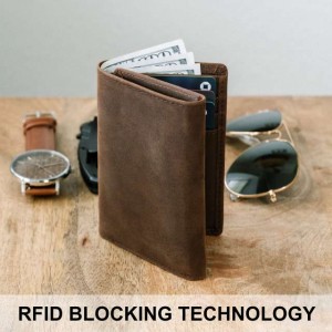 Wallet fir leathair gnàthaichte RFID tri-fold wallet comas mòr trì-fhillte