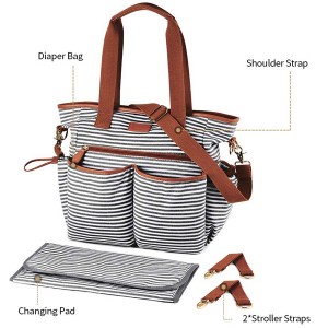 Striped Diaper Tote Weekender Bag, Baby Nappy Shoulder Bag Changing Pad