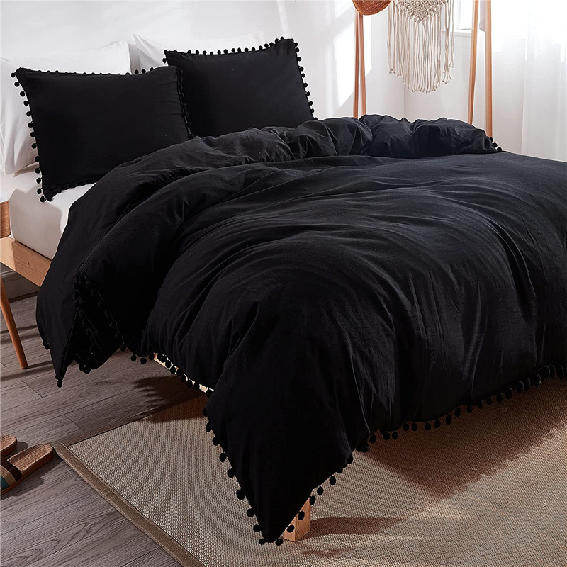 Fringe Duvet Cover, 3 Pieces (1 Solid Duvet Cover, 2 Pillowcases) Soft Washed Microfiber Duvet Cover Set with Zipper Closure, Corner Ties Featured Image